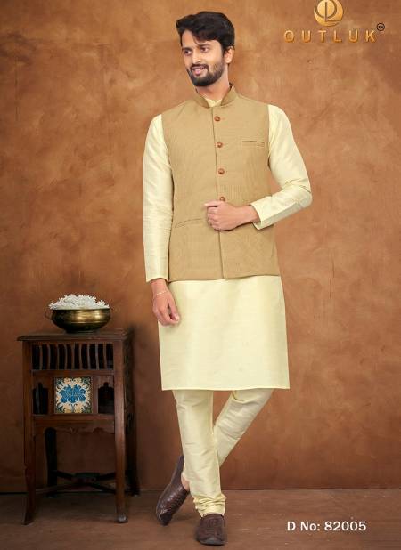 Khaki Colour Outluk 82 New Designer Ethnic Wear Mens Kurta Pajama With Jacket Collection 82005